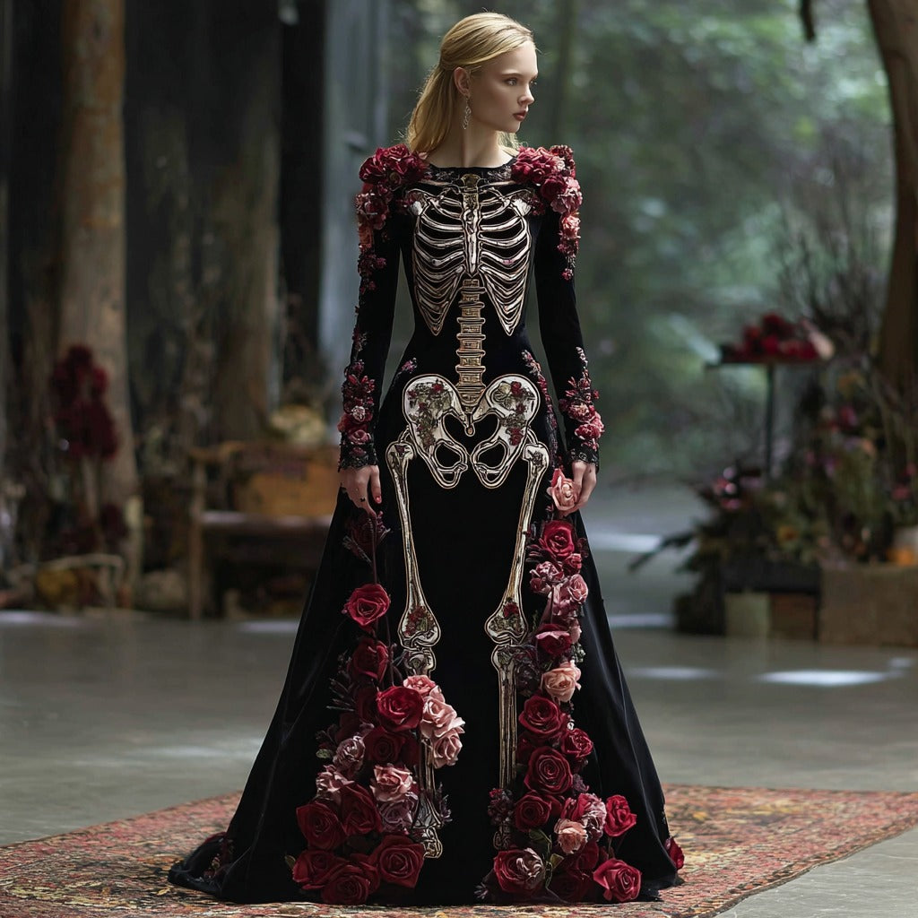 Comstylish Women's Vintage Rose Skeleton Romantic Classic Velvet Maxi Dress