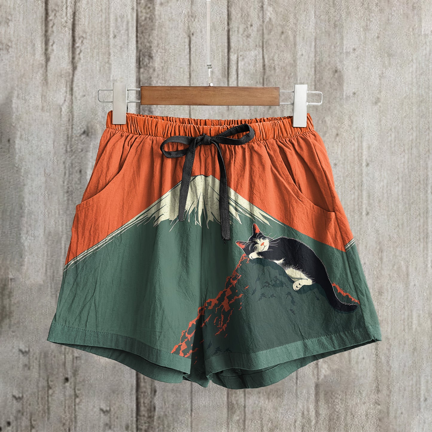 Abstract Creative Cute Cat Sleeping Next To Mount Fuji Painting Art Linen Shorts elevenforest