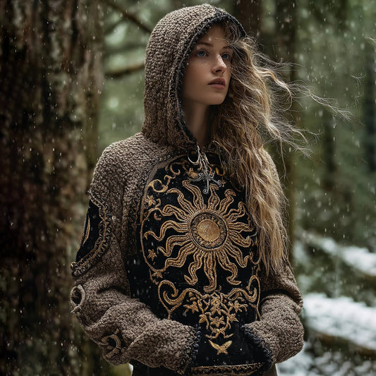 Women's Contrast Color 3d Star And Moon Embroidery Knitted Hoodie elevenforest