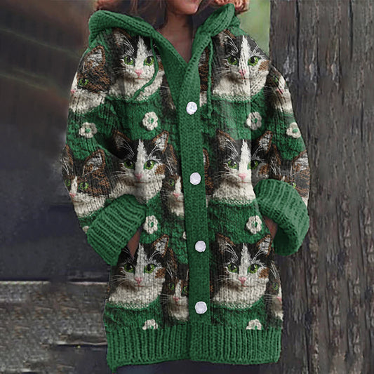 Comstylish Vintage Cute Cat And Floral Art Cardigan Sweater