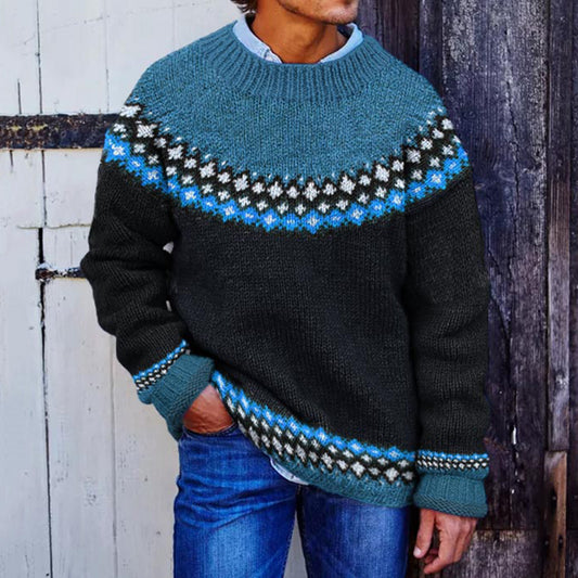 Mens Vintage Contrast Diamond Jacquard Graphic Art Cozy Sweater elevenforest