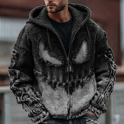 Men's Halloween Spooky Face Gradient Inspired Knitted Distressed Zipper Up Hooded Sweater elevenforest