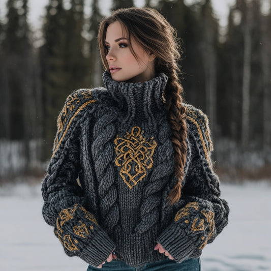 Women's Viking Celtic Knot Jacquard Warm Turtleneck Sweater elevenforest