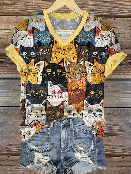 Cute Cat Pattern Patchwork V-Neck T-Shirt elevenforest