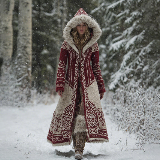 Women's Vintage Viking Celtic Knot Pattern Knit Hooded Long Sweater Coat artswardrobe