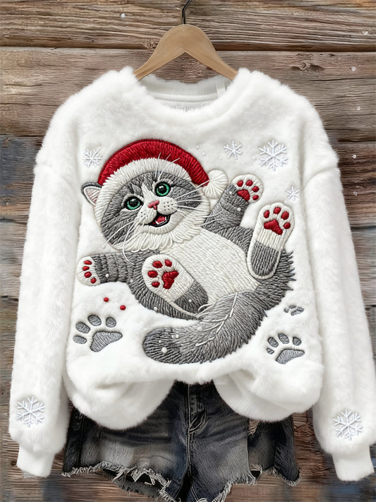 Christmas Cat In The Snow Embroidered Cozy Plush Sweatshirt elevenforest