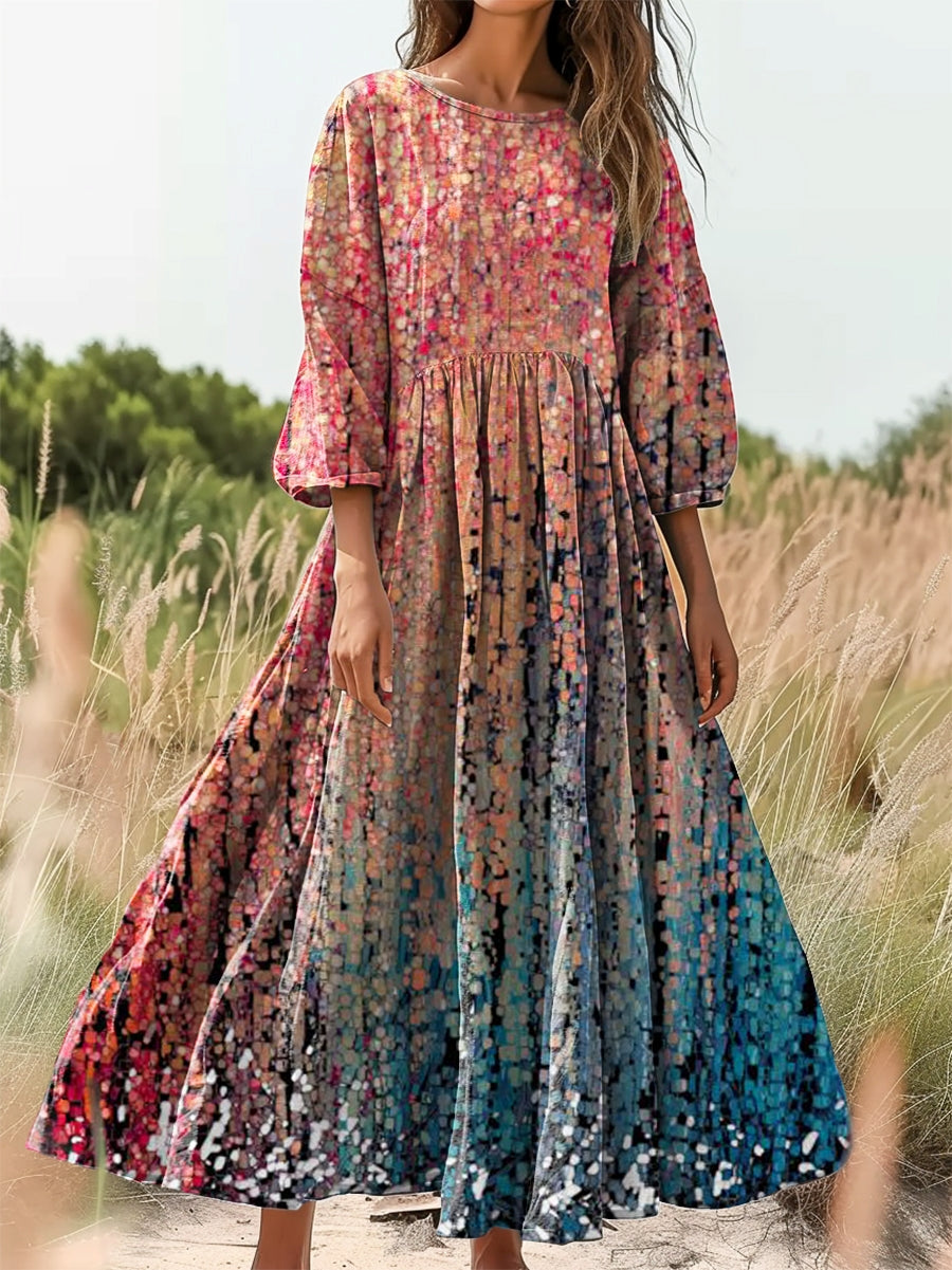 Women's Retro Gradient Texture Art Print Flowy Cotton Crew Neck Dress