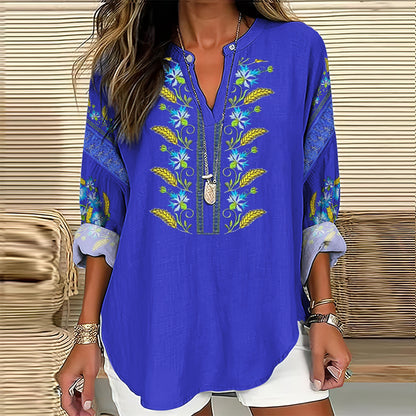 Comstylish Women's Ukraine Embroidered Flower V-neck Linen Blend Blouse
