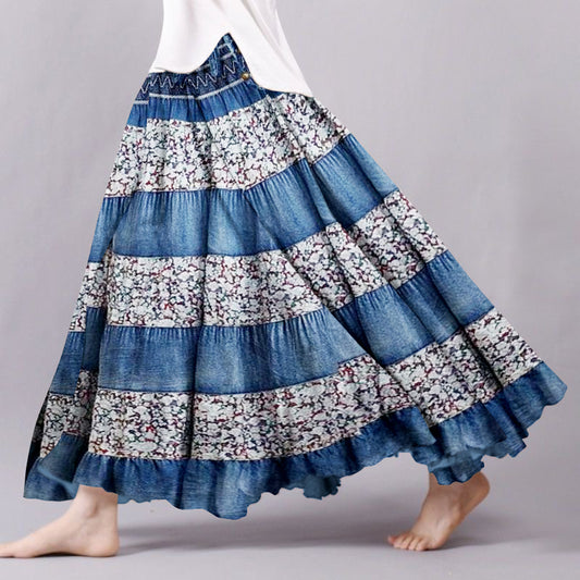 Vintage Bohemian Floral Patchwork Linen Skirt artswardrobe