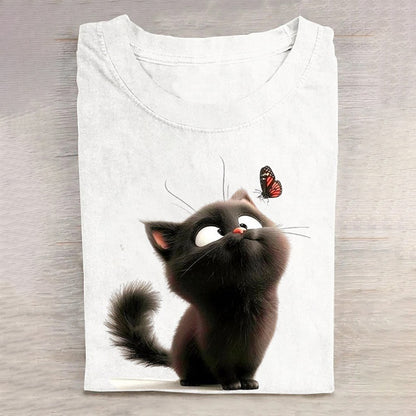 Comstylish Funny Cat Print Loose Crew Neck Casual T-Shirt