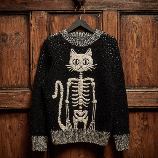 Women Halloween Cat Skull Art Making Old Round Neck Sweater artswardrobe