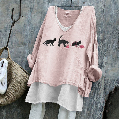 Comstylish Black Cats With Pink Yarn Balls Embroidered Linen Tunic