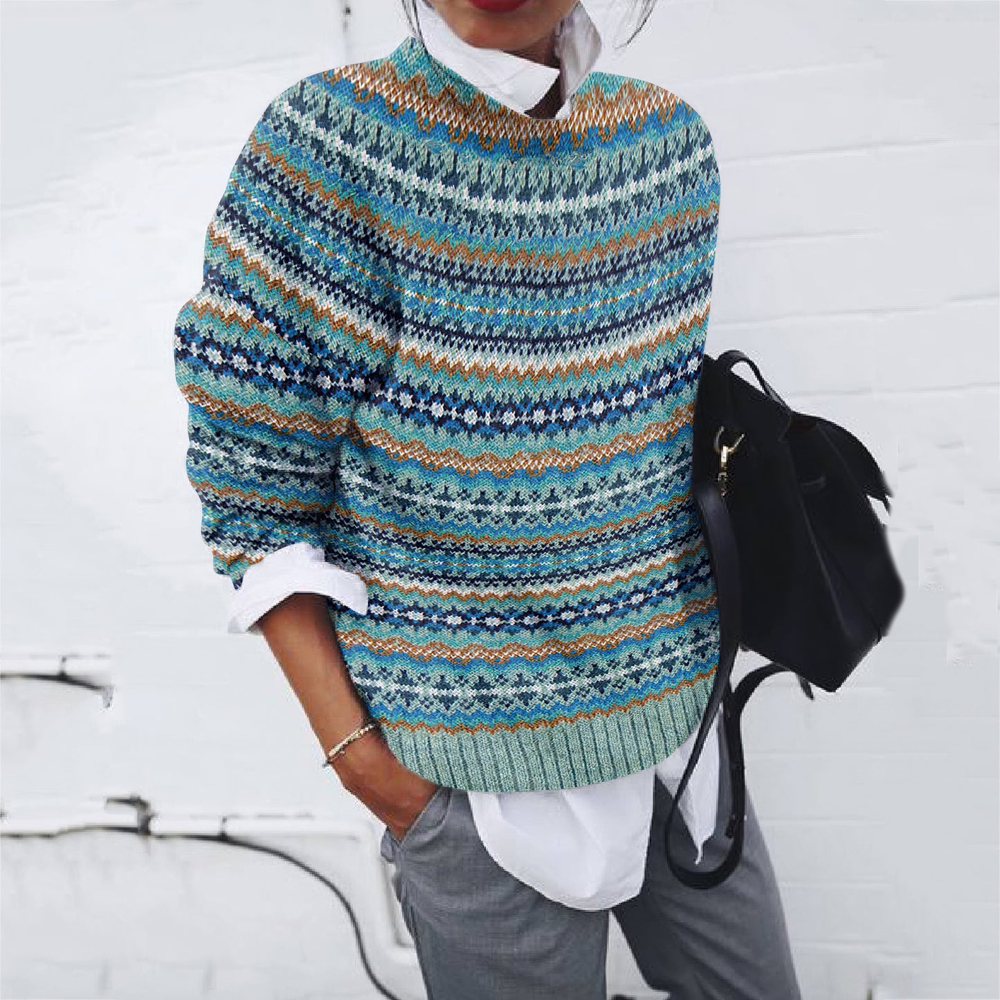 Vintage Geometric Jacquard Pattern Crew Neck Sweater elevenforest