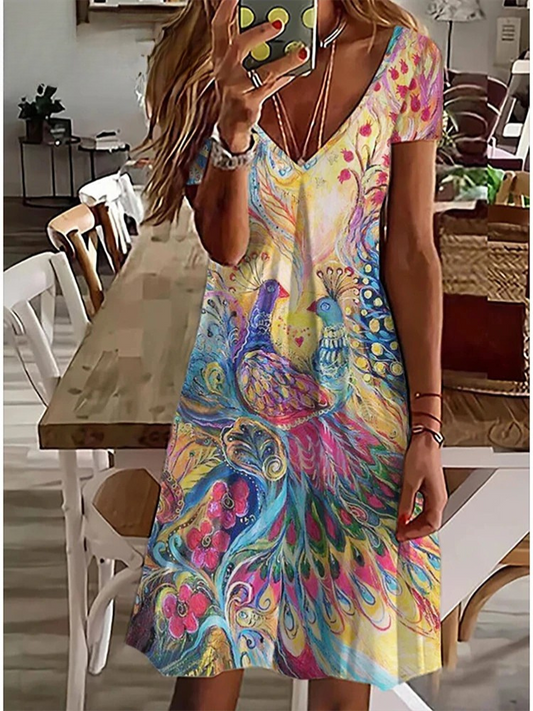 LM | Women's Sundress Midi Dress Short Sleeve Floral Print Summer Casual V Neck Loose Dresses Plus Size 2024 Women's Clothing Vestidos
