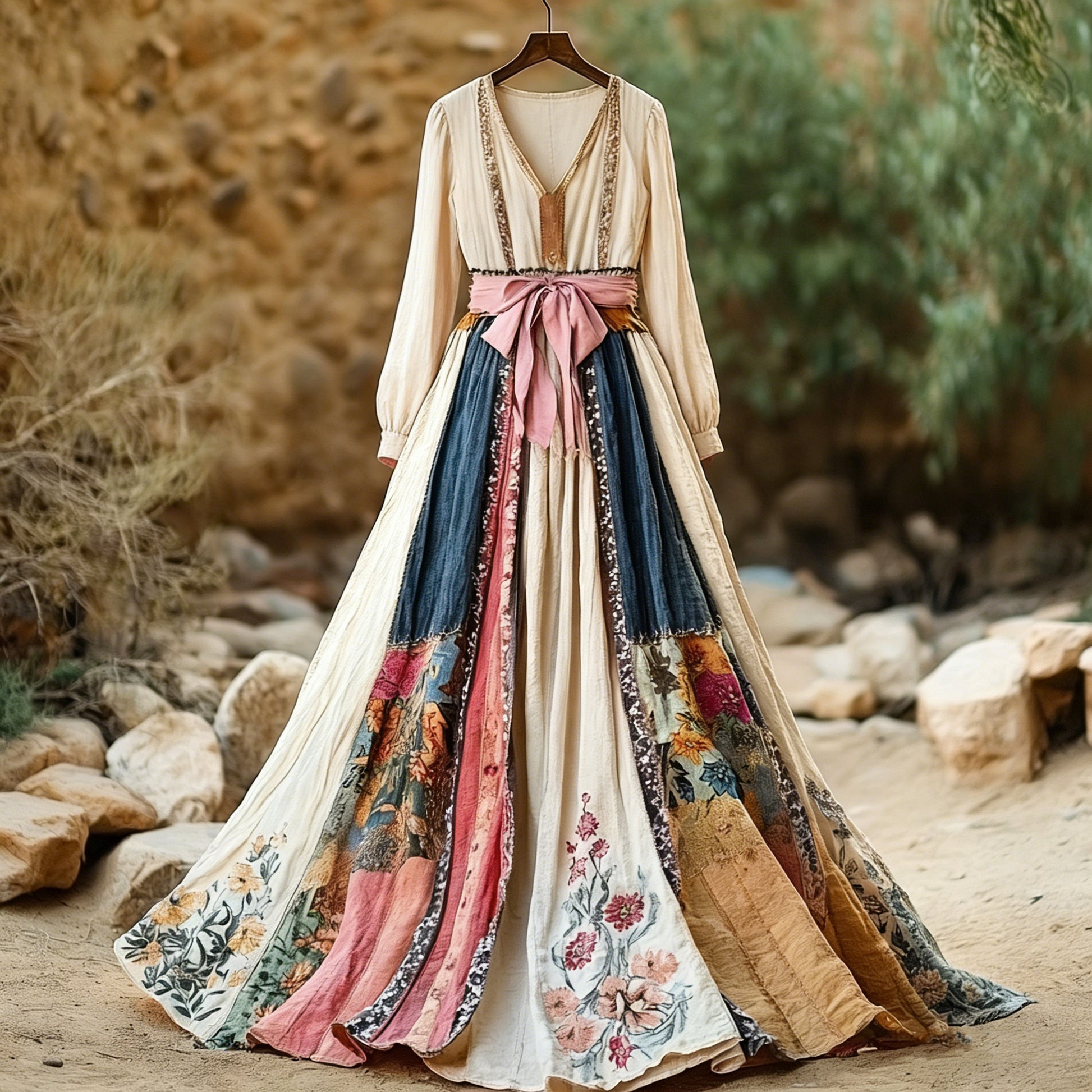 Women's Retro Bohemian Floral Casual V-neck Long-sleeved Dress (belt Not Included)