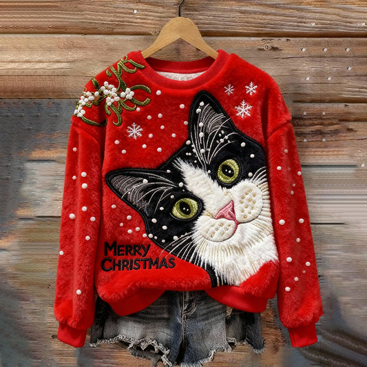 Women's Christmas Cat Embroidery Art Comfort Plush Sweatshirt