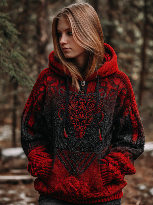 Women's Vintage Viking Tribal Celtic Skull Gradient Art Chunky Knit Hooded Sweater elevenforest