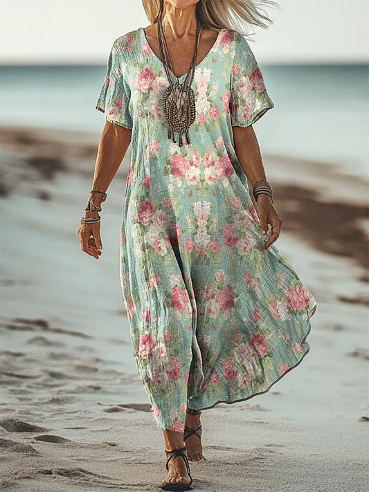 Women's Spring Floral Art Print Flowy Pocket Cotton Dress