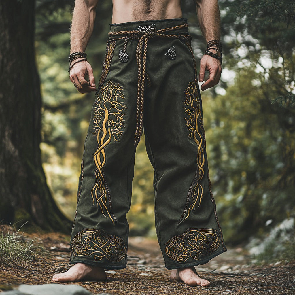 Vintage Viking Life Of Tree Embroidery Art Linen Loose Wide-leg Pants artswardrobe
