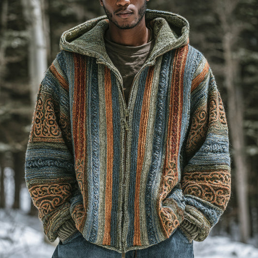 Men's Vintage Colorful Striped Celtic Jacquard Thick Warm Zip Hooded Sweater Cardigan artswardrobe
