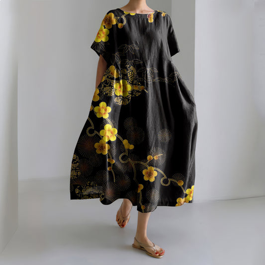 Comstylish Japanese Flowers Print Linen Maxi Dress