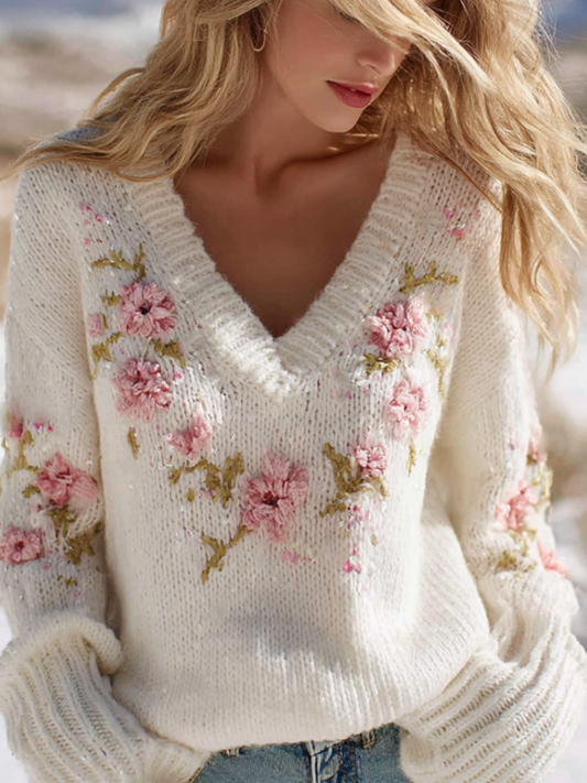 Comstylish Bohemian Style Floral Embroidery Women's V-neck Knitted Sweater