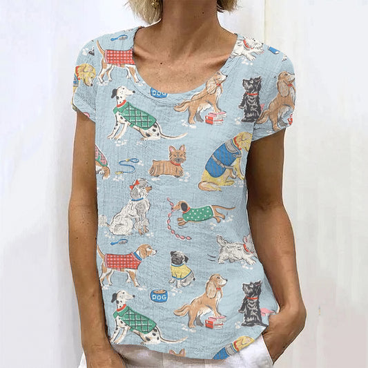 Comstylish Dog Art Print Crew Neck Linen Blend T-shirt