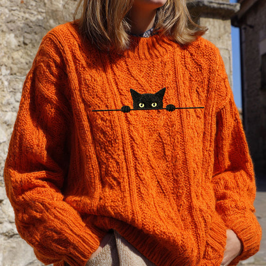Women's Casual Funny Black Cat Print Sweater elevenforest