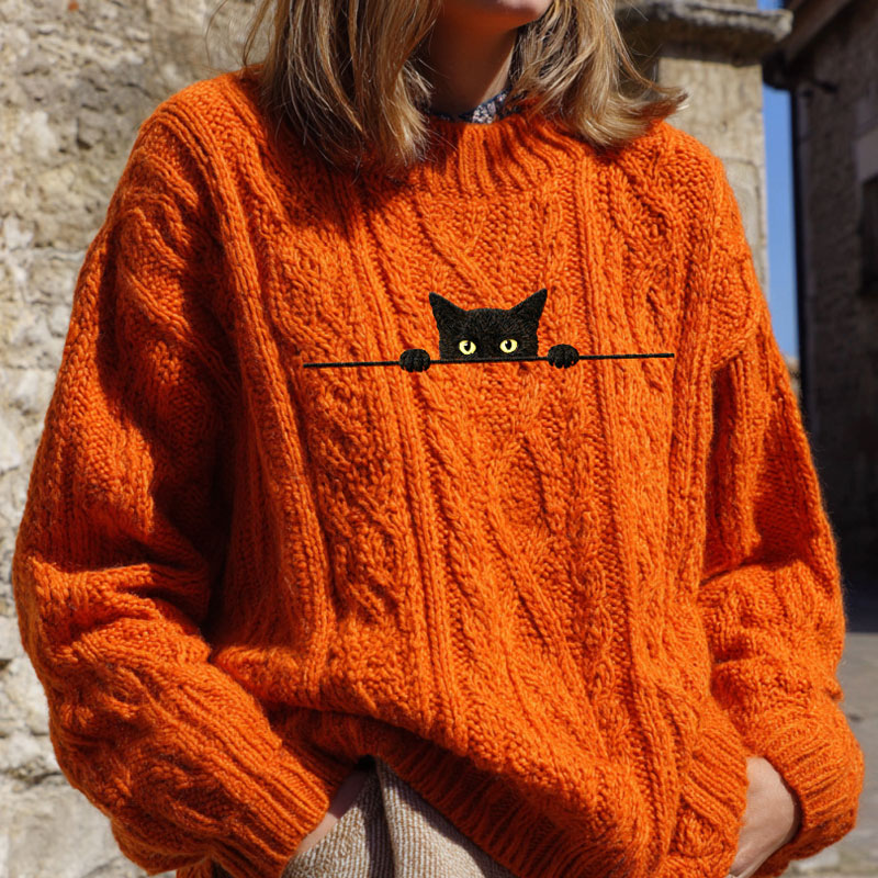 Comstylish Women's Casual Funny Black Cat Print Sweater
