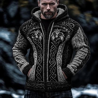 Men's Viking Wolf Style Celtic Thick Zip Hooded Sweater elevenforest