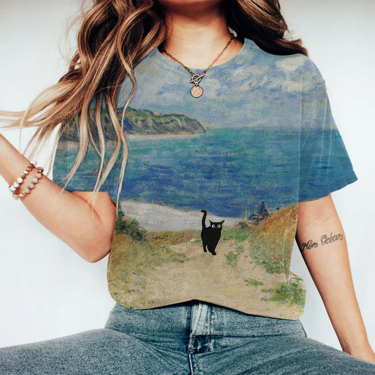 Cat Landscape Painting Art T-Shirt elevenforest
