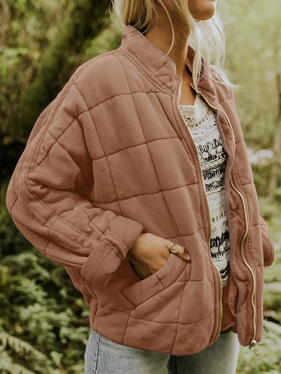 Stand collar padded loose pocket jacket
