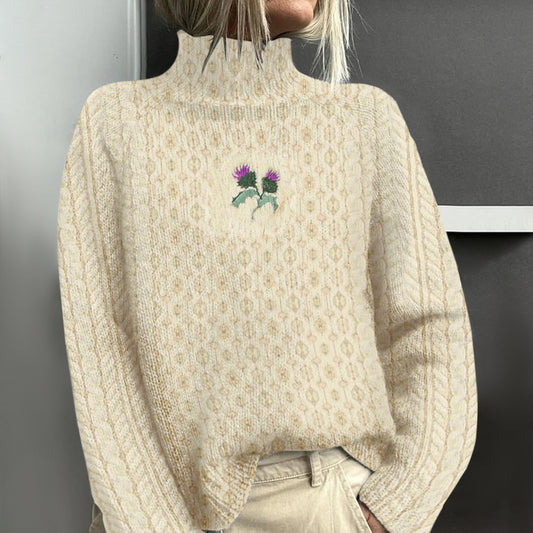 Vintage Scottish Thistle Embroidery Cozy Aran Sweater elevenforest
