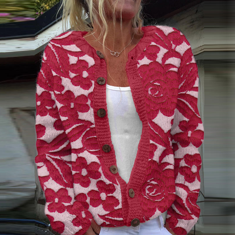 Rose Jacquard Women's Cardigan Knitted Sweater artswardrobe