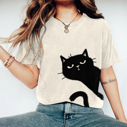 Women's Abstract Creative Cute Black Cat Art Print T-shirt elevenforest