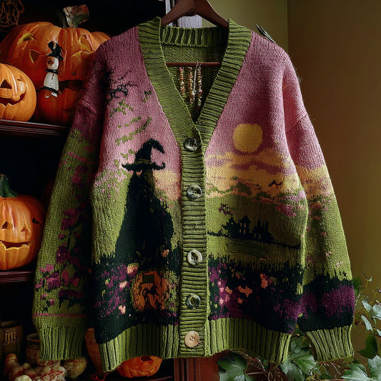 Halloween Witch Pattern Knitted Warm Sweater Cardigan artswardrobe