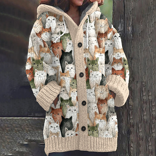 Colorful Cat Pattern Cozy Hooded Knit Sweater elevenforest
