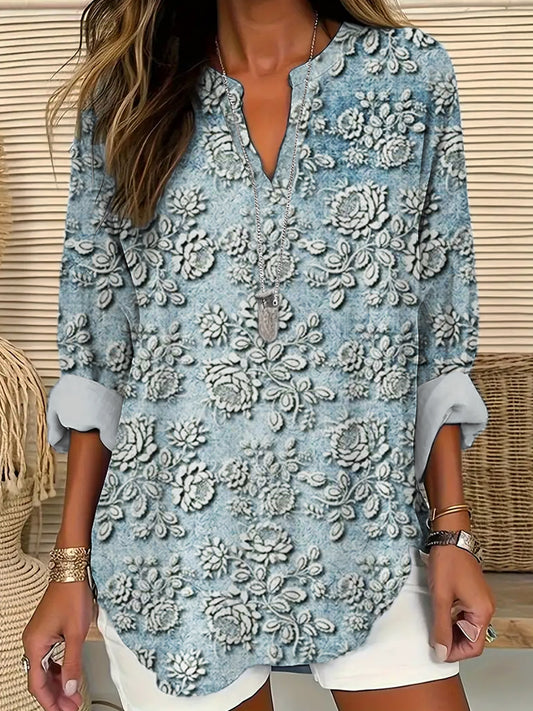 Comstylish 3D Floral Pattern Linen Ladies Long-Sleeved Shirt