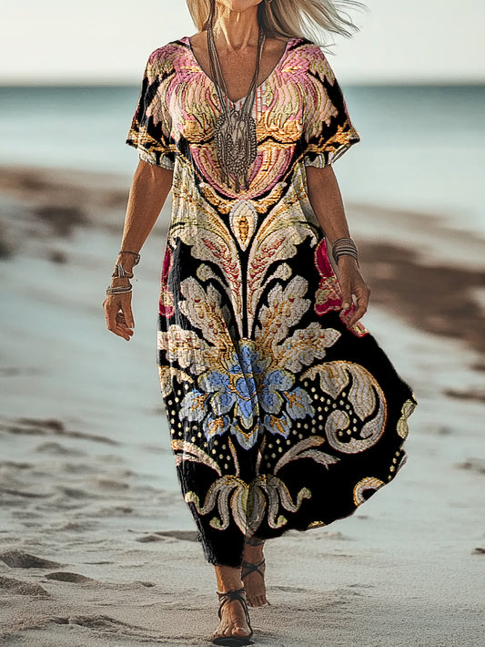 Women's Vintage Ethnic Floral Art Print Pocket Cotton Dress