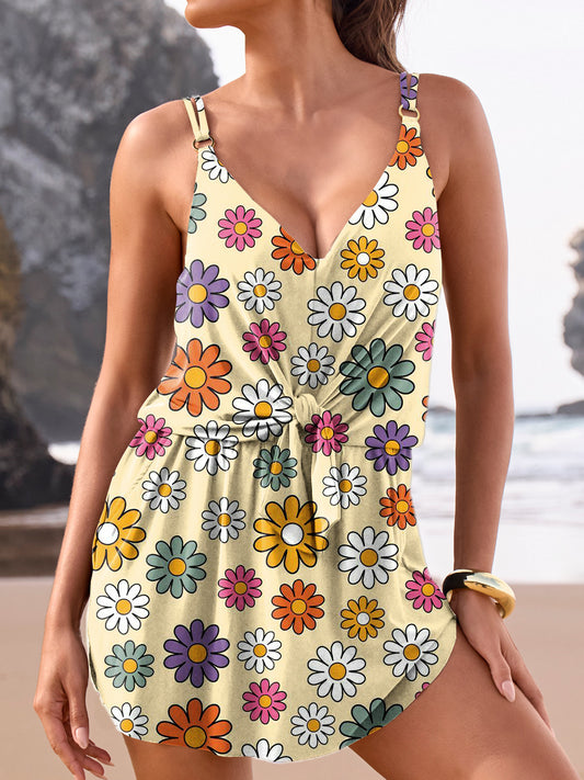 Floral Art Print V-Neck Bra Pantskirt Bikini Set