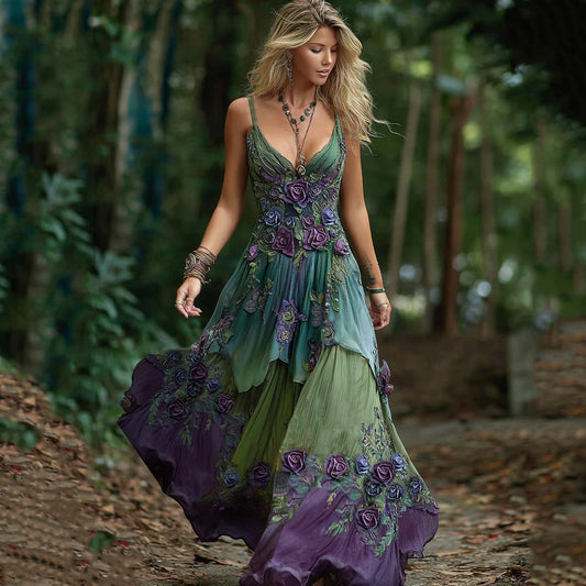 Women's Vintage Floral Embroidery Gradient Maxi Dress artswardrobe
