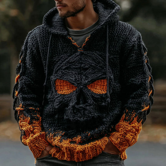 Men's Halloween Skull Gradient Art Knitted Cozy Hooded Sweater elevenforest