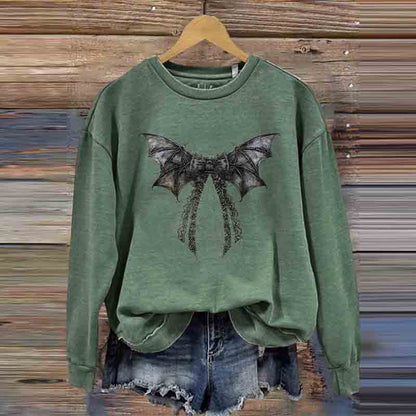 Comstylish Halloween Bat Bow Print Round Neck Casual Sweatshirt