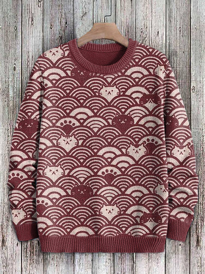 Cats & Waves Japanese Art Print Cozy Knit Sweater elevenforest