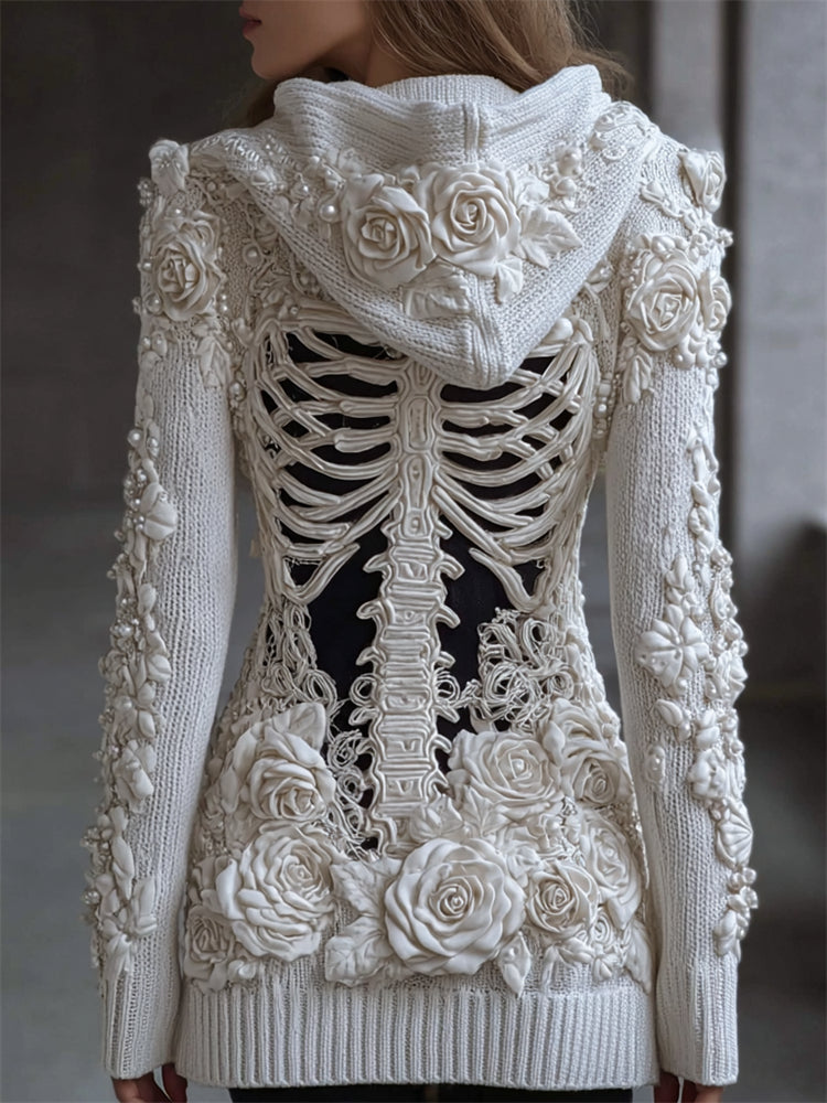 Classy White Roses Beaded Skeleton Hooded Cozy Knit Cardigan artswardrobe