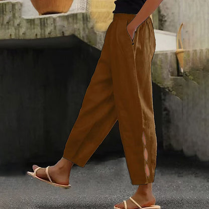 Women's Vintage Hollow Design Solid Color Linen Casual Pants artswardrobe