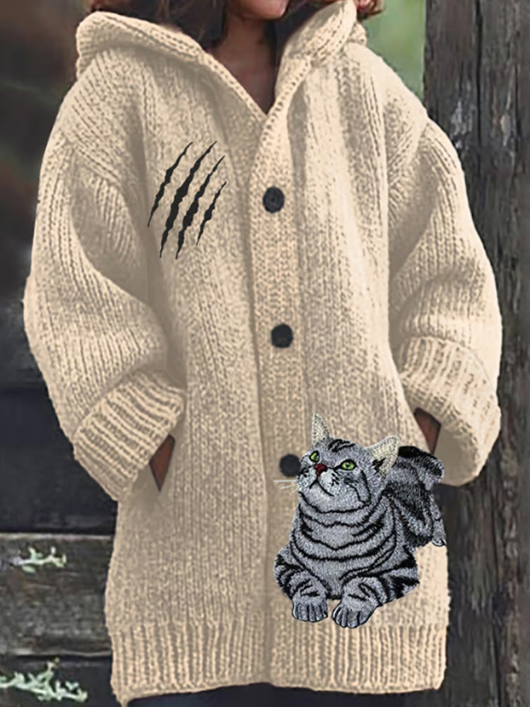 Women's Retro Funny Animal Cat Print Cozy Knitted Hoodie Jacket elevenforest