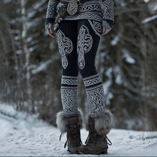 Women's Retro Viking Cross Celtic Knot Jacquard Art Cozy Leggings artswardrobe