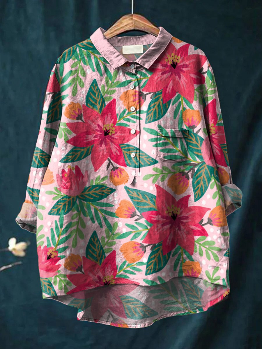 Women's Watercolor Flowers Floral Art Print Casual Cotton And Linen Shirt