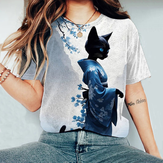 Vintage Elegant Sakura Kimono Cat Japanese Art Round Neck Short Sleeve T-Shirt elevenforest